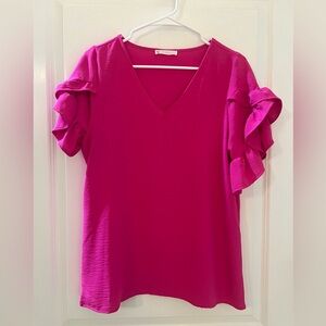 Ruffled Sleeve V-Neck Blouse in Bright Pink